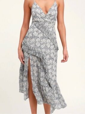 Lulu's Blue and White Floral Ruffle Midi Dress